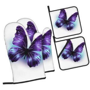 Oven Mitts and Pot Holders Set of 4 Blue Purple Butterfly Print Kitchen Oven Glove Fashion Heat Resistant Oven Gloves Set for BBQ Grill Baking Cooking Oven Microwave