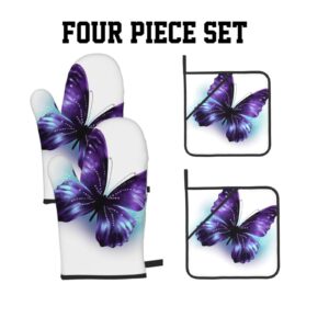 Oven Mitts and Pot Holders Set of 4 Blue Purple Butterfly Print Kitchen Oven Glove Fashion Heat Resistant Oven Gloves Set for BBQ Grill Baking Cooking Oven Microwave