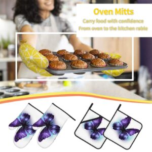 Oven Mitts and Pot Holders Set of 4 Blue Purple Butterfly Print Kitchen Oven Glove Fashion Heat Resistant Oven Gloves Set for BBQ Grill Baking Cooking Oven Microwave