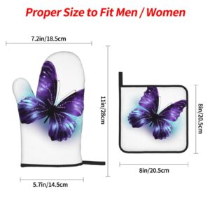 Oven Mitts and Pot Holders Set of 4 Blue Purple Butterfly Print Kitchen Oven Glove Fashion Heat Resistant Oven Gloves Set for BBQ Grill Baking Cooking Oven Microwave