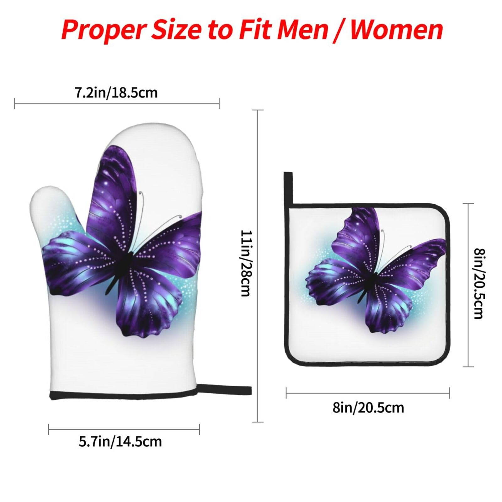 Oven Mitts and Pot Holders Set of 4 Blue Purple Butterfly Print Kitchen Oven Glove Fashion Heat Resistant Oven Gloves Set for BBQ Grill Baking Cooking Oven Microwave