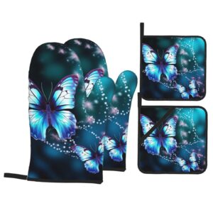 Oven Mitts and Pot Holders Set of 4 Beautiful Butterfly Print Kitchen Oven Glove Fashion Heat Resistant Oven Gloves Set for BBQ Grill Baking Cooking Oven Microwave