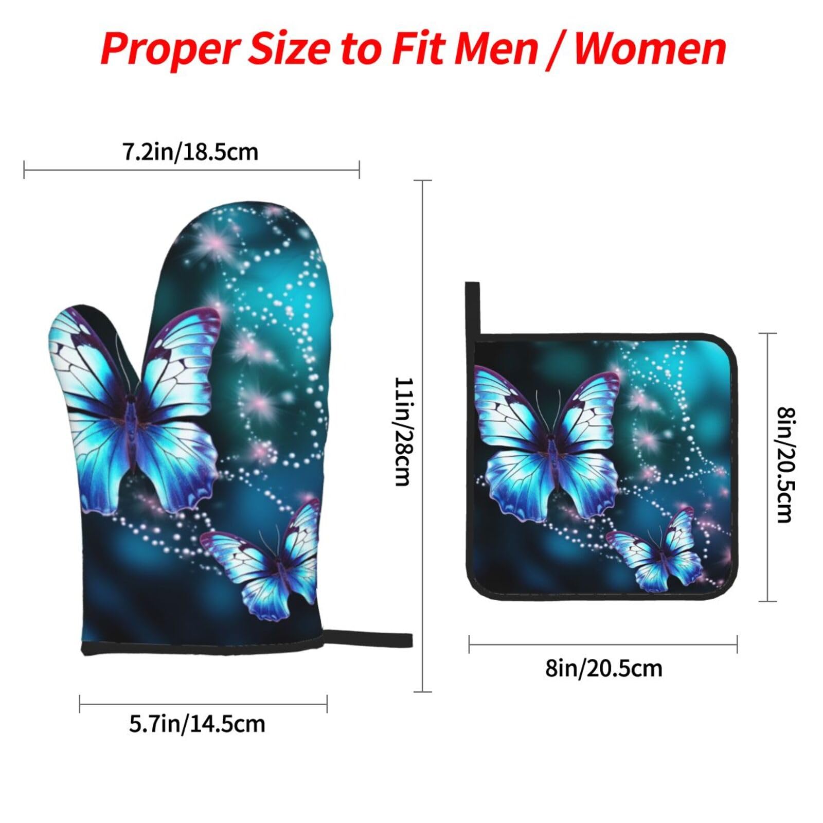 Oven Mitts and Pot Holders Set of 4 Beautiful Butterfly Print Kitchen Oven Glove Fashion Heat Resistant Oven Gloves Set for BBQ Grill Baking Cooking Oven Microwave