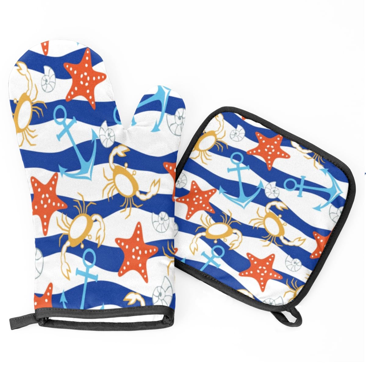 Anchor Starfish Crab Oven Mitts and Pot Holders Sets of 2 Heat Resistant Non-Slip Kitchen Gloves Hot Pads with Inner Cotton Layer for Cooking BBQ Baking Grilling