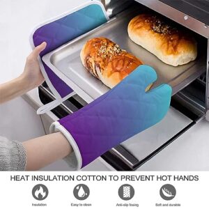 2Pcs Oven Mitts and Pot Holders Set, Simple Gradient Turquoise Blue Purple Oven Mitts Gloves Set Heat Resistant Hot Pads for Kitchen Cooking Grill