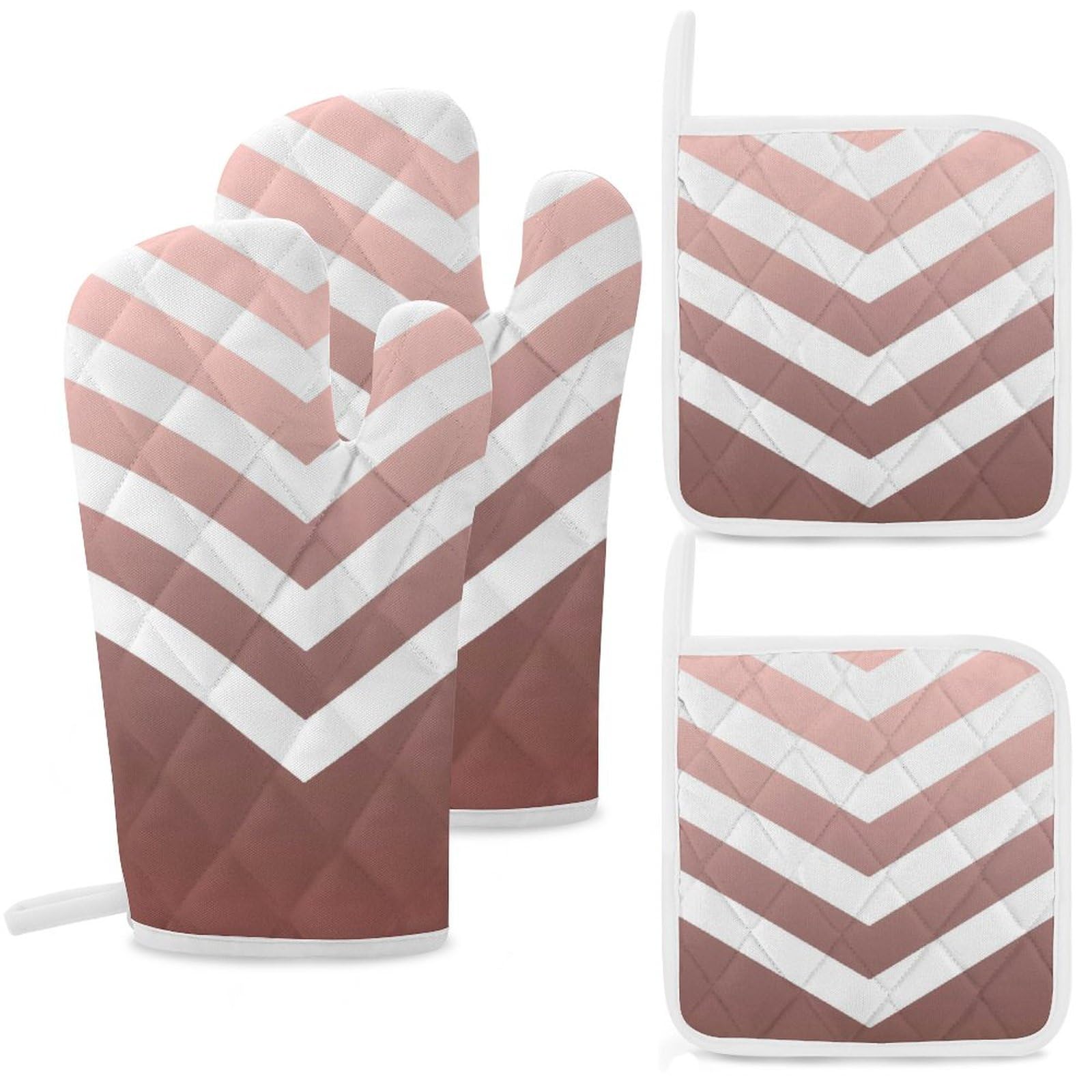 4Pcs Oven Mitts and Pot Holders Set, Rose Gold Chevrons Heat Resistant Oven Mitts Gloves Set Hot Pads for Kitchen Cooking Grill