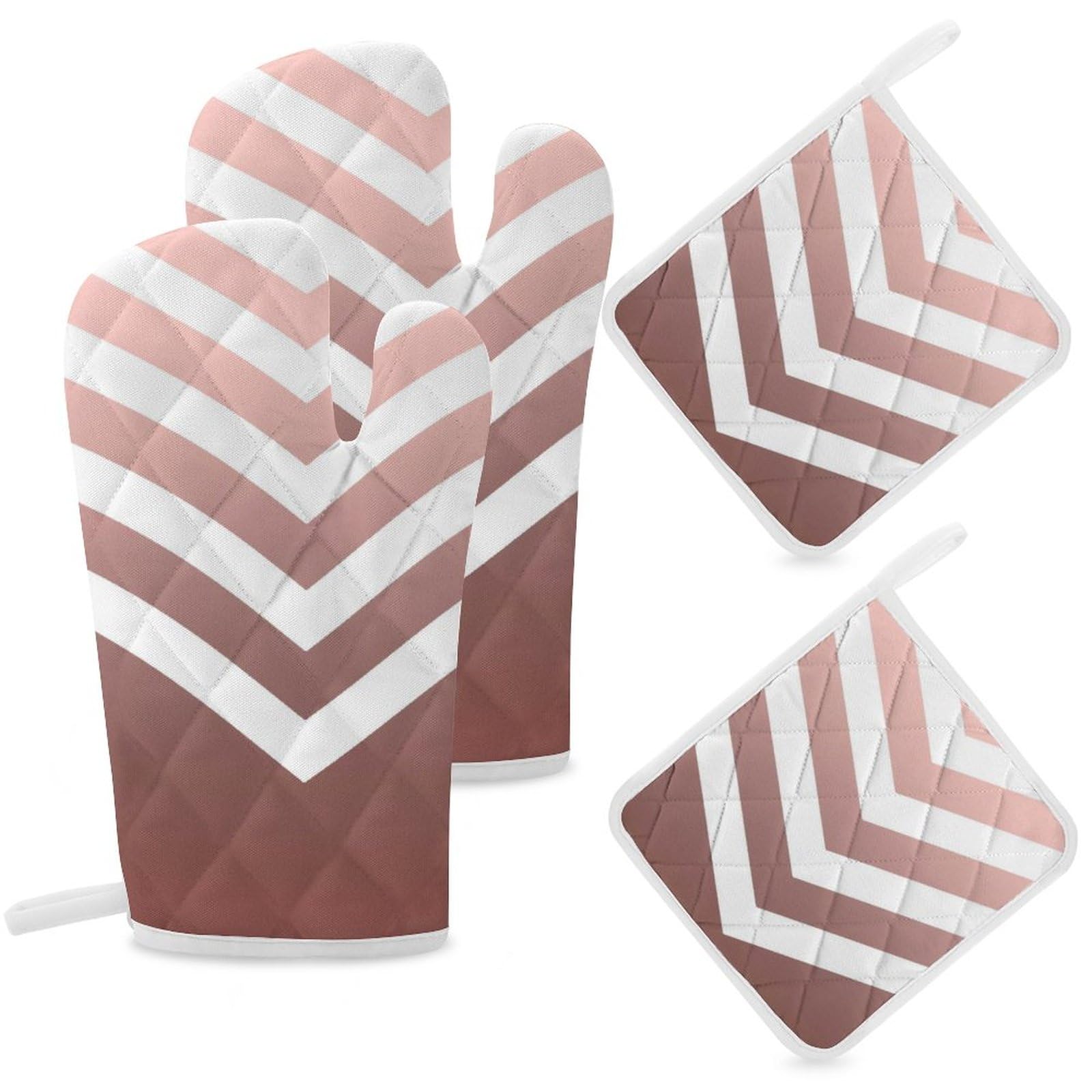 4Pcs Oven Mitts and Pot Holders Set, Rose Gold Chevrons Heat Resistant Oven Mitts Gloves Set Hot Pads for Kitchen Cooking Grill