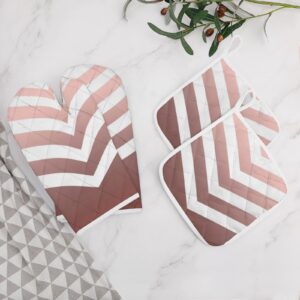 4Pcs Oven Mitts and Pot Holders Set, Rose Gold Chevrons Heat Resistant Oven Mitts Gloves Set Hot Pads for Kitchen Cooking Grill