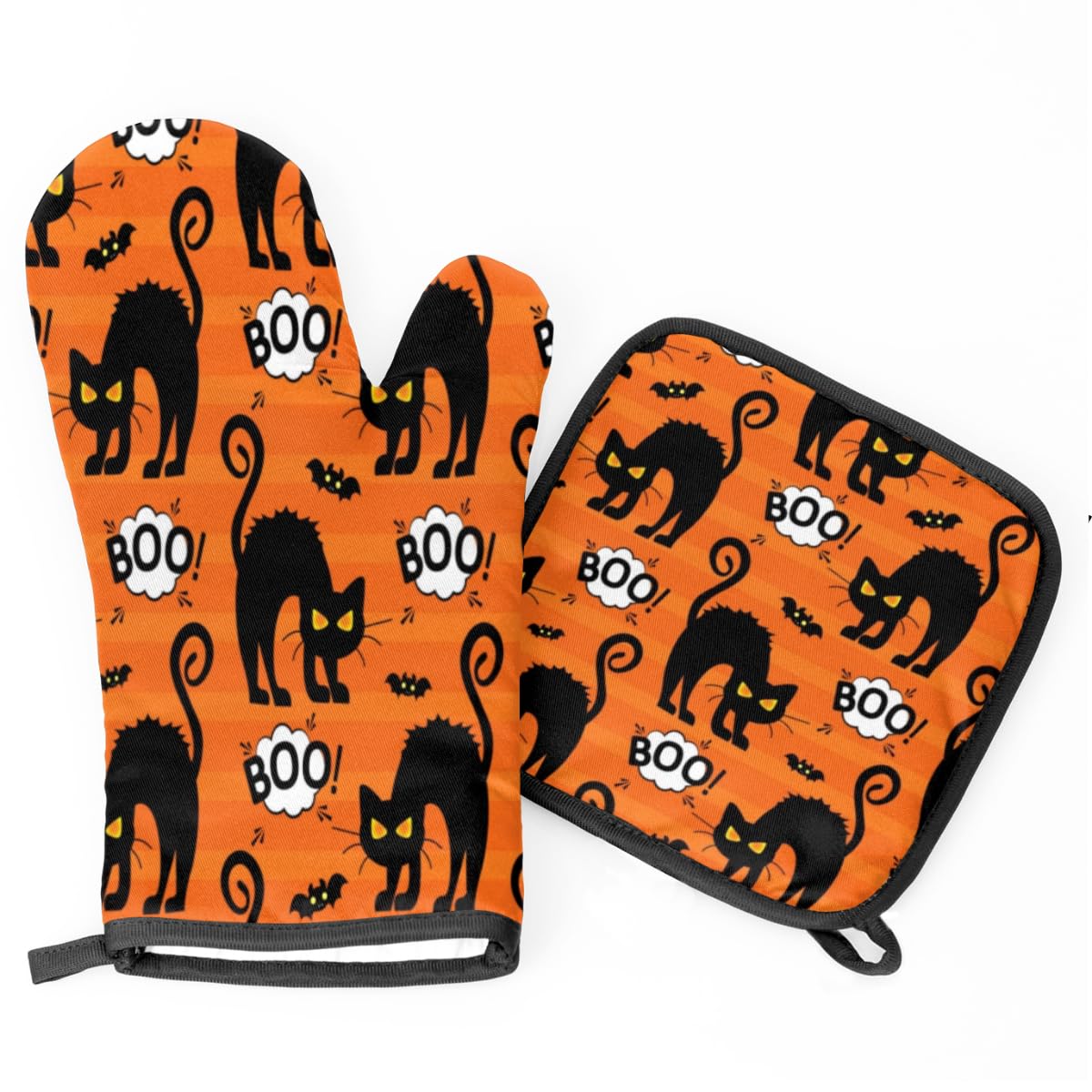 Halloween Cat Bat Oven Mitts and Pot Holders Sets of 2 Heat Resistant Non-Slip Kitchen Gloves Hot Pads with Inner Cotton Layer for Cooking BBQ Baking Grilling