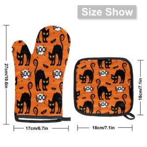 Halloween Cat Bat Oven Mitts and Pot Holders Sets of 2 Heat Resistant Non-Slip Kitchen Gloves Hot Pads with Inner Cotton Layer for Cooking BBQ Baking Grilling