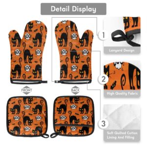 Halloween Cat Bat Oven Mitts and Pot Holders Sets of 2 Heat Resistant Non-Slip Kitchen Gloves Hot Pads with Inner Cotton Layer for Cooking BBQ Baking Grilling