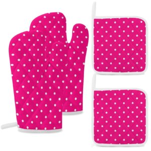 4PCS Oven Mitts and Pot Holders Sets, Polka Dot Hot Pink Oven Mitts Set Heat Resistant Kitchen Microwave Gloves Safe for Baking,Cooking, BBQ