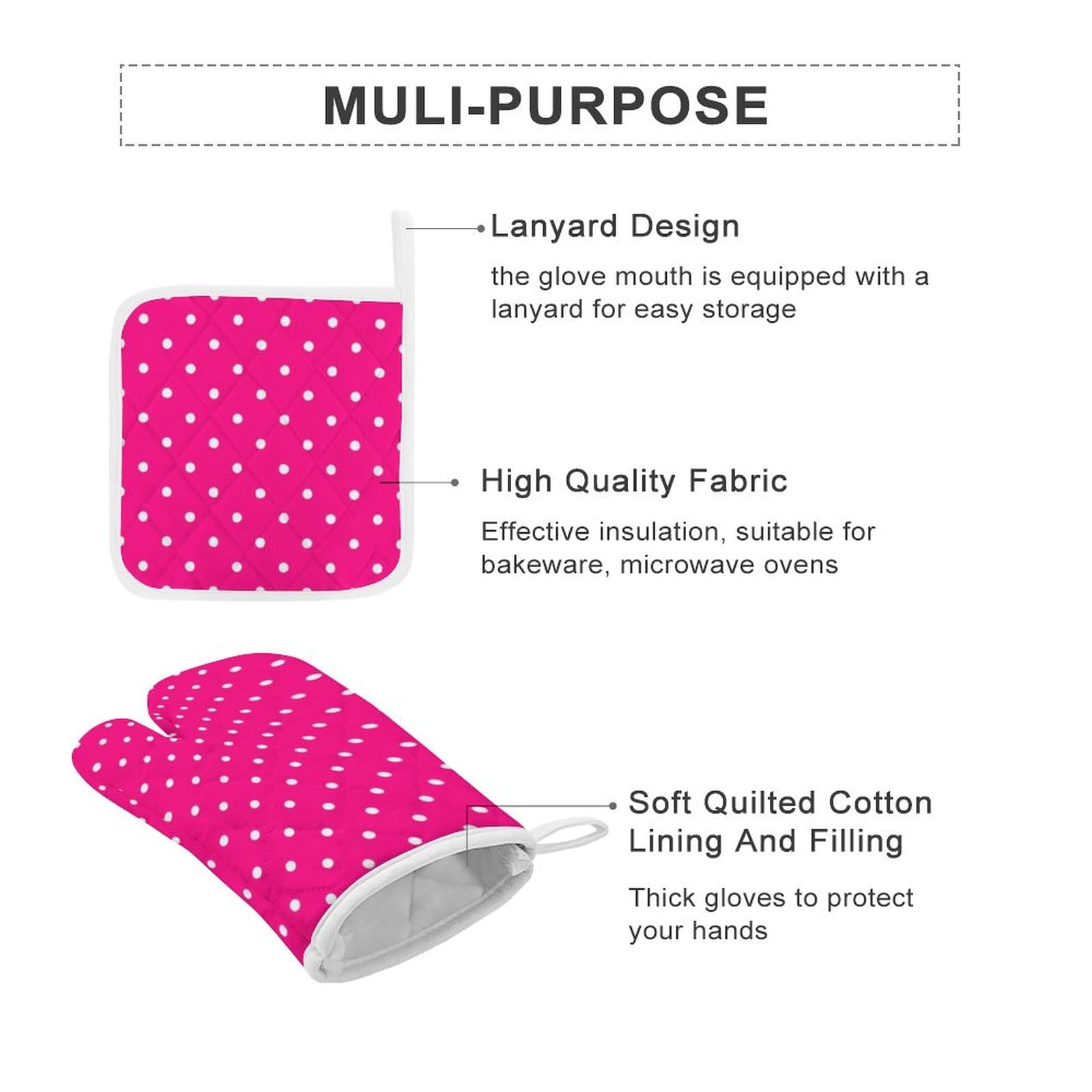 4PCS Oven Mitts and Pot Holders Sets, Polka Dot Hot Pink Oven Mitts Set Heat Resistant Kitchen Microwave Gloves Safe for Baking,Cooking, BBQ