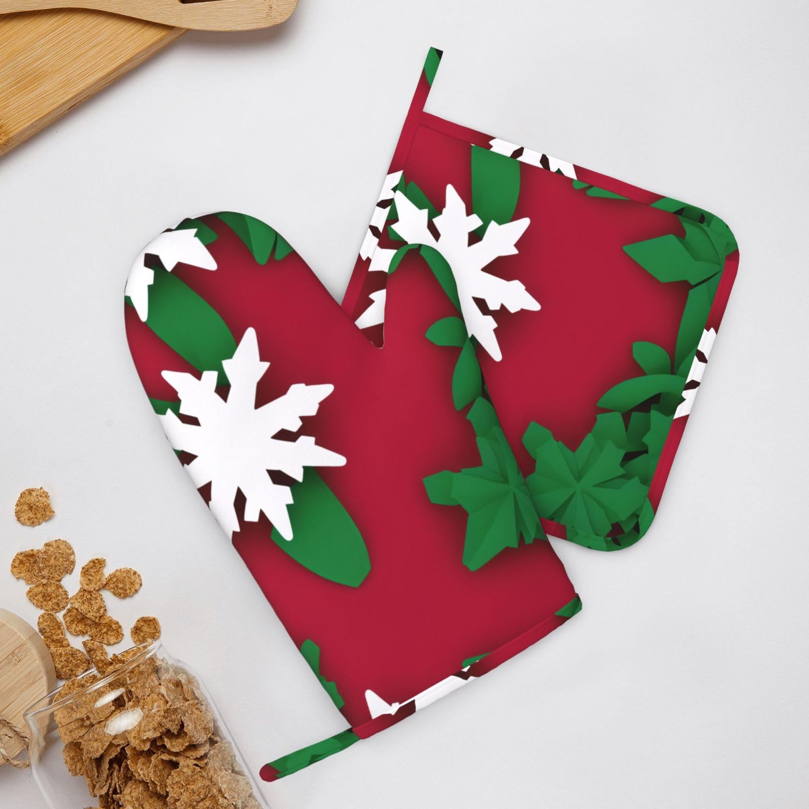 Xmas Snowflake Printing Pattern Silicone Oven Mitts Pot Holder Sets 2pcs Cute Design Washable Non Slip Kitchen Heat Resistant Mat Women's Cooking Gloves for Baking and BBQ Wear