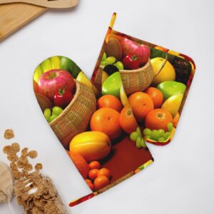 Variety Fresh Vegetables Fruits Silicone Oven Mitts Pot Holder Sets 2pcs Cute Design Washable Non Slip Kitchen Heat Resistant Mat Women's Cooking Gloves for Baking and BBQ Wear