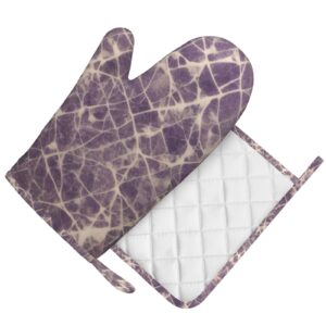 Purple Marble Pattern Silicone Oven Mitts Pot Holder Sets 2pcs Cute Design Washable Non Slip Kitchen Heat Resistant Mat Women's Cooking Gloves for Baking and BBQ Wear