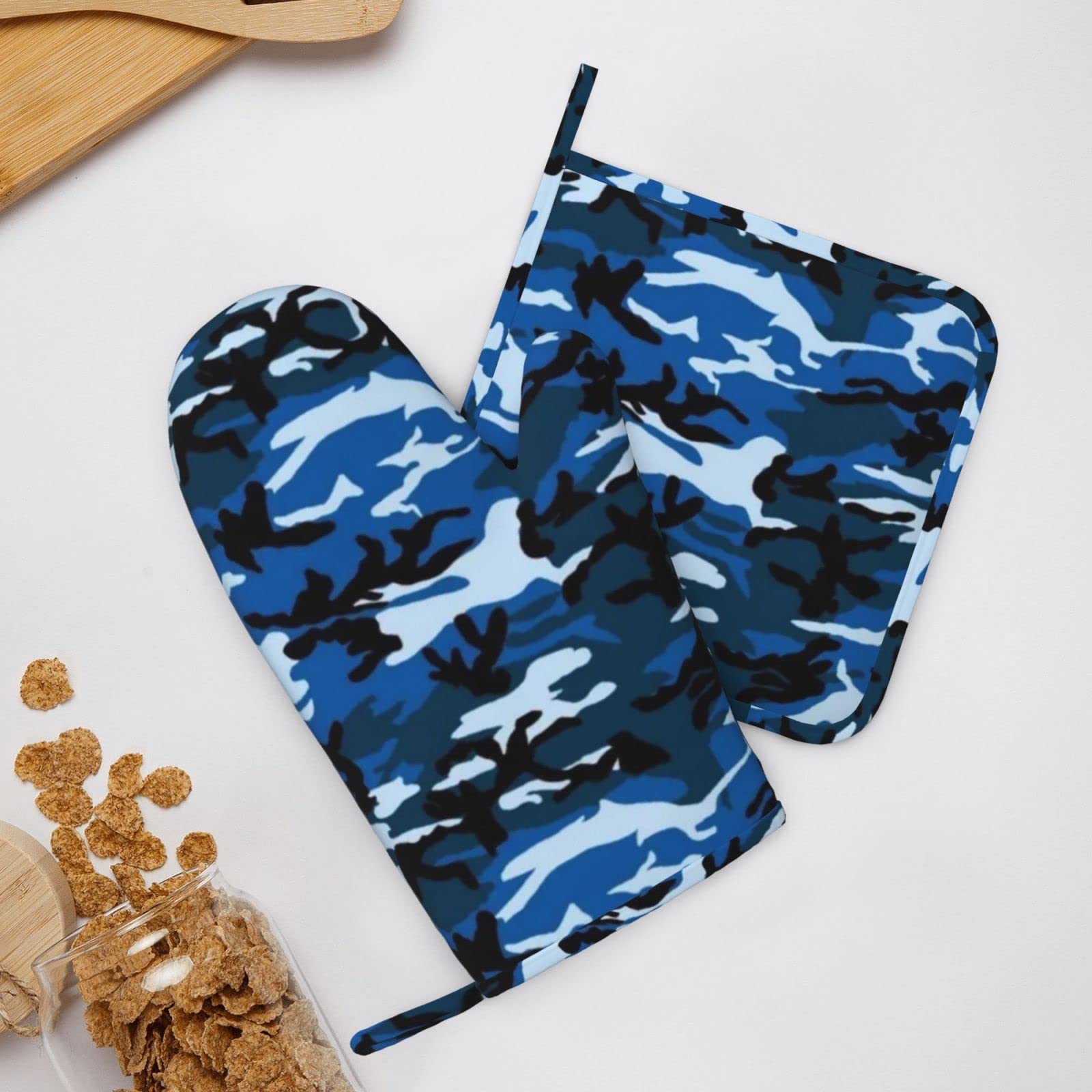 Blue Camo Silicone Oven Mitts Pot Holder Sets 2pcs Cute Design Washable Non Slip Kitchen Heat Resistant Mat Women's Cooking Gloves for Baking and BBQ Wear