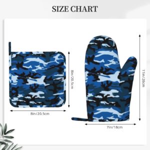 Blue Camo Silicone Oven Mitts Pot Holder Sets 2pcs Cute Design Washable Non Slip Kitchen Heat Resistant Mat Women's Cooking Gloves for Baking and BBQ Wear