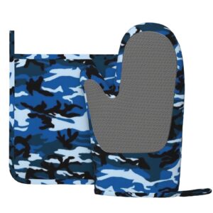 Blue Camo Silicone Oven Mitts Pot Holder Sets 2pcs Cute Design Washable Non Slip Kitchen Heat Resistant Mat Women's Cooking Gloves for Baking and BBQ Wear