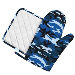 Blue Camo Silicone Oven Mitts Pot Holder Sets 2pcs Cute Design Washable Non Slip Kitchen Heat Resistant Mat Women's Cooking Gloves for Baking and BBQ Wear