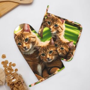 Four Cats Silicone Oven Mitts Pot Holder Sets 2pcs Cute Design Washable Non Slip Kitchen Heat Resistant Mat Women's Cooking Gloves for Baking and BBQ Wear