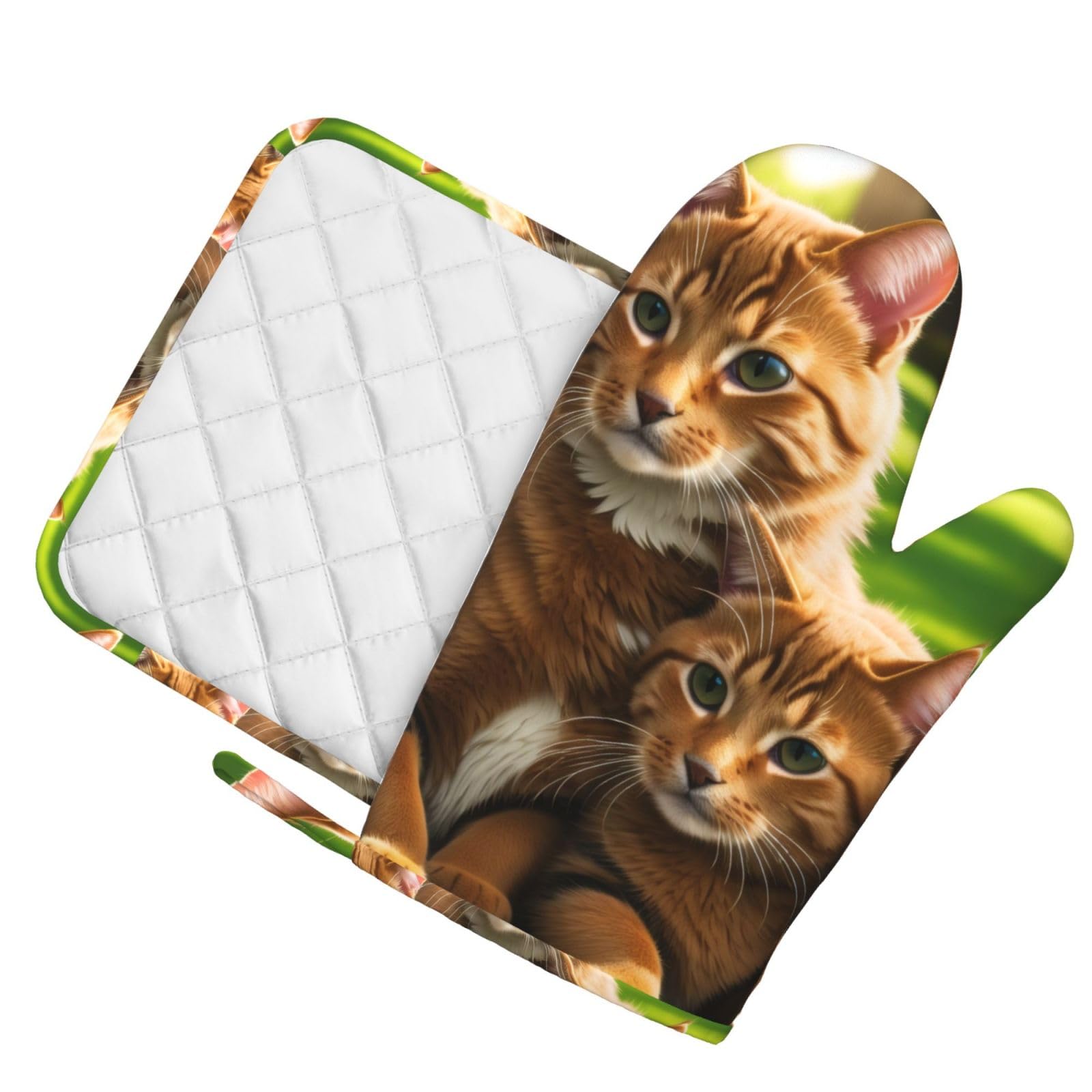 Four Cats Silicone Oven Mitts Pot Holder Sets 2pcs Cute Design Washable Non Slip Kitchen Heat Resistant Mat Women's Cooking Gloves for Baking and BBQ Wear