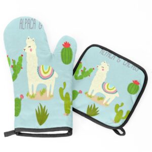 cute llama cactus oven mitts and pot holders sets of 2 heat resistant non-slip kitchen gloves hot pads with inner cotton layer for cooking bbq baking grilling