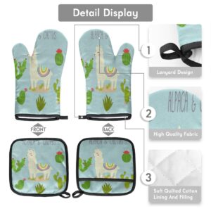 Cute Llama Cactus Oven Mitts and Pot Holders Sets of 2 Heat Resistant Non-Slip Kitchen Gloves Hot Pads with Inner Cotton Layer for Cooking BBQ Baking Grilling