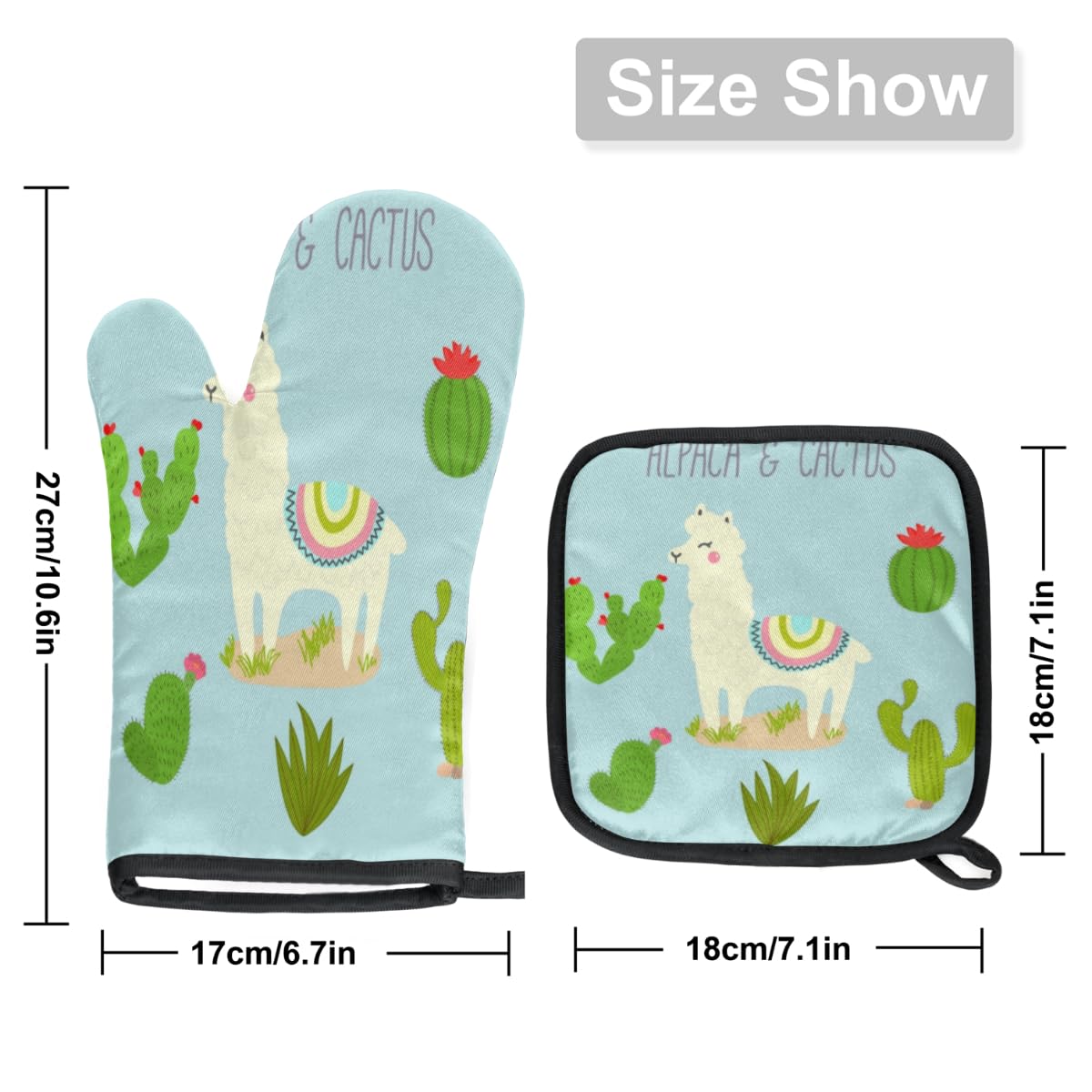 Cute Llama Cactus Oven Mitts and Pot Holders Sets of 2 Heat Resistant Non-Slip Kitchen Gloves Hot Pads with Inner Cotton Layer for Cooking BBQ Baking Grilling