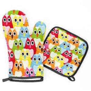 Cute Colorful Owl Oven Mitts and Pot Holders Sets of 2 Heat Resistant Non-Slip Kitchen Gloves Hot Pads with Inner Cotton Layer for Cooking BBQ Baking Grilling