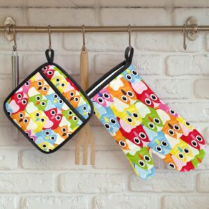 Cute Colorful Owl Oven Mitts and Pot Holders Sets of 2 Heat Resistant Non-Slip Kitchen Gloves Hot Pads with Inner Cotton Layer for Cooking BBQ Baking Grilling
