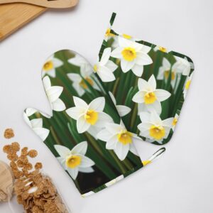 White Narcissus Silicone Oven Mitts Pot Holder Sets 2pcs Cute Design Washable Non Slip Kitchen Heat Resistant Mat Women's Cooking Gloves for Baking and BBQ Wear