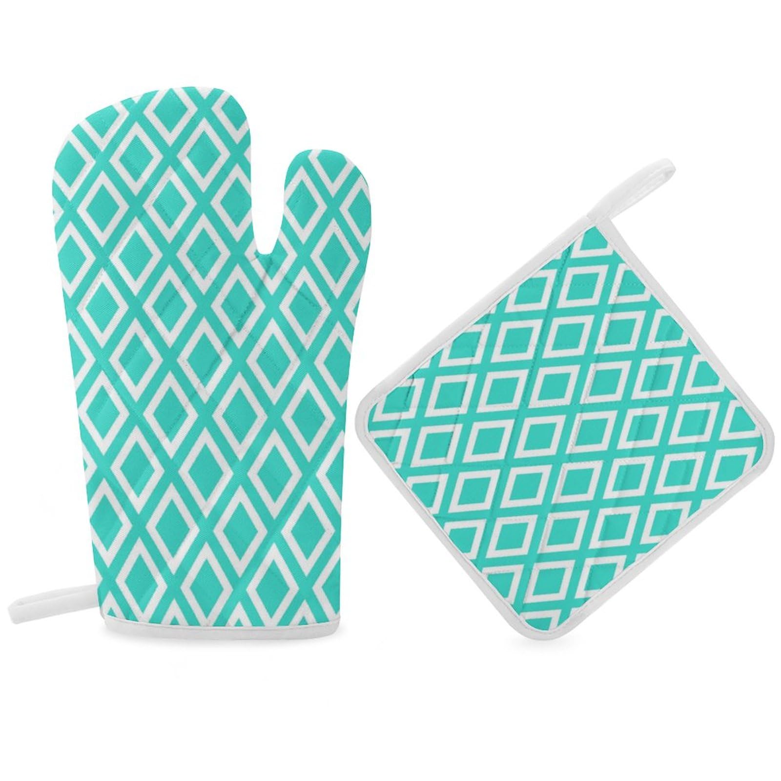 2Pcs Oven Mitts and Pot Holders Set, Mint Green White Coral Diamond Pattern Oven Mitts Gloves Set Heat Resistant Hot Pads for Kitchen Cooking Grill