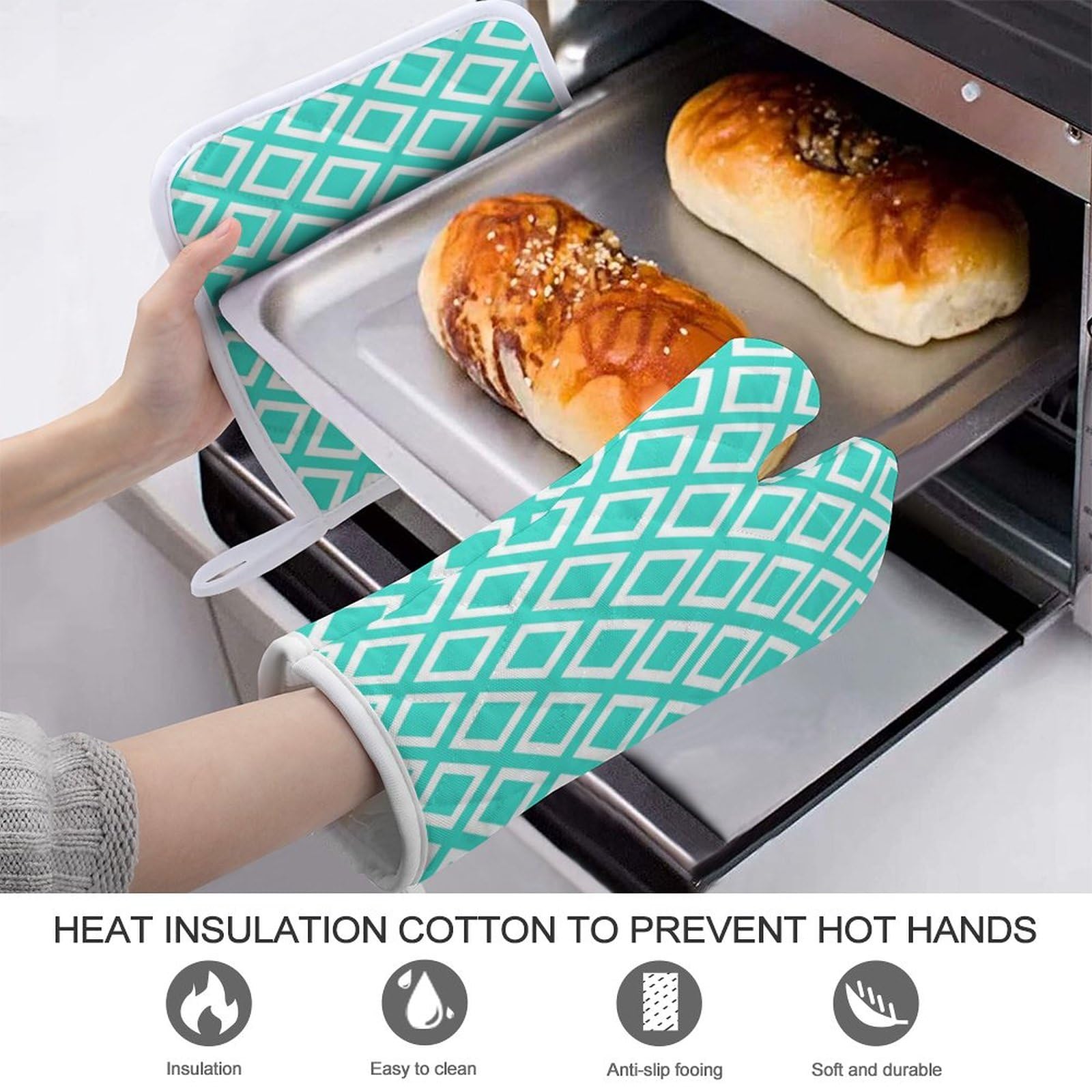 2Pcs Oven Mitts and Pot Holders Set, Mint Green White Coral Diamond Pattern Oven Mitts Gloves Set Heat Resistant Hot Pads for Kitchen Cooking Grill