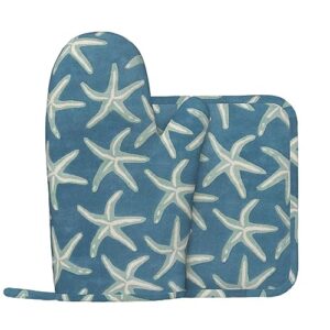 Starfish Coastal Wool Print Oven Mitts Pot Holders Sets,Kitchen Glove Potholder, Silica Gel Surface Safe for Baking, Cooking, BBQ,Cooks Gifts,Pack of 2