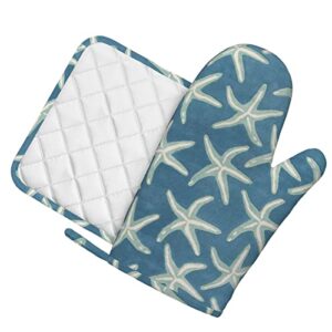 Starfish Coastal Wool Print Oven Mitts Pot Holders Sets,Kitchen Glove Potholder, Silica Gel Surface Safe for Baking, Cooking, BBQ,Cooks Gifts,Pack of 2