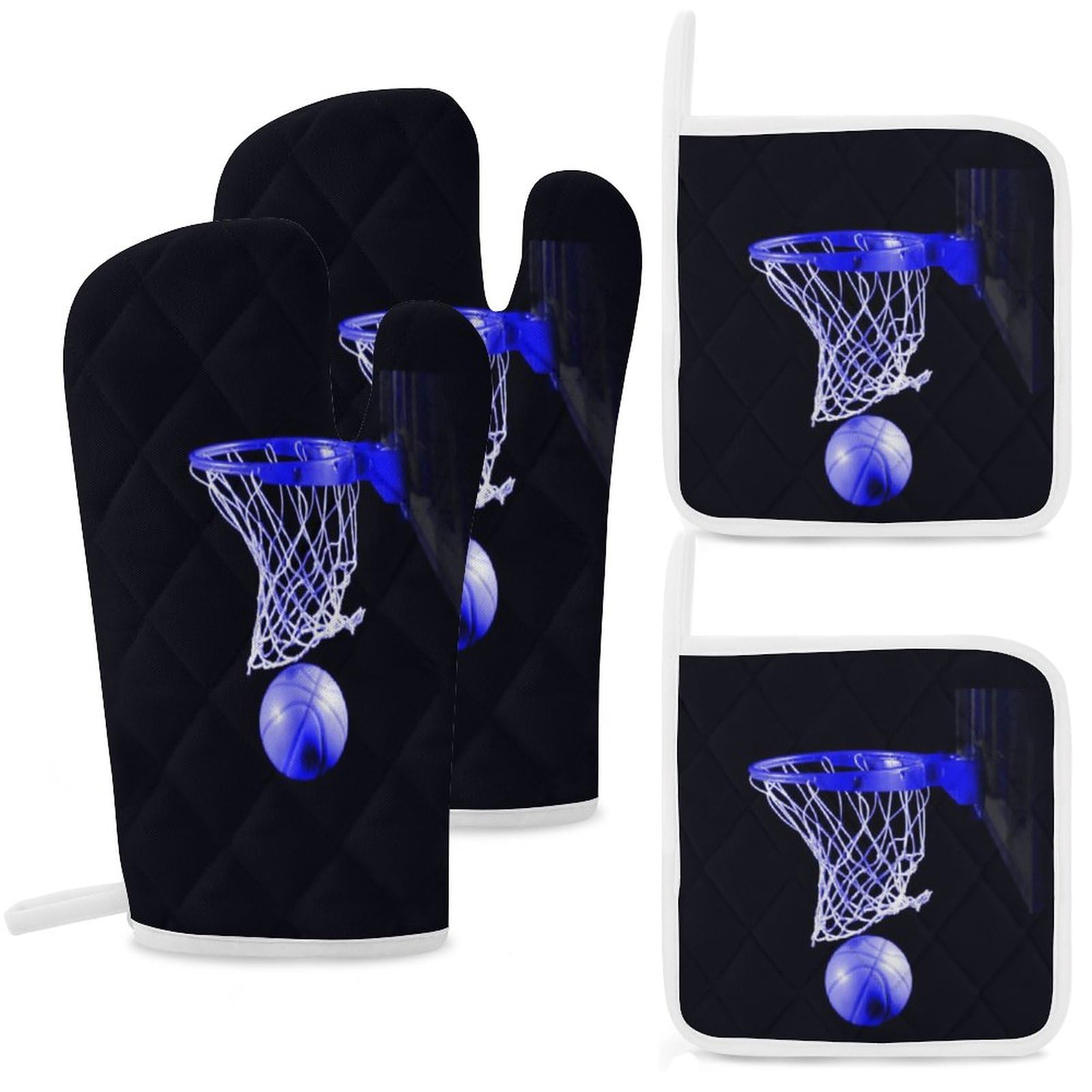 4Pcs Oven Mitts and Pot Holders Set, Blue Basketball Oven Mitts Gloves Set Heat Resistant Hot Pads for Kitchen Cooking Grill