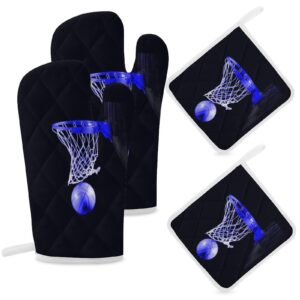 4Pcs Oven Mitts and Pot Holders Set, Blue Basketball Oven Mitts Gloves Set Heat Resistant Hot Pads for Kitchen Cooking Grill