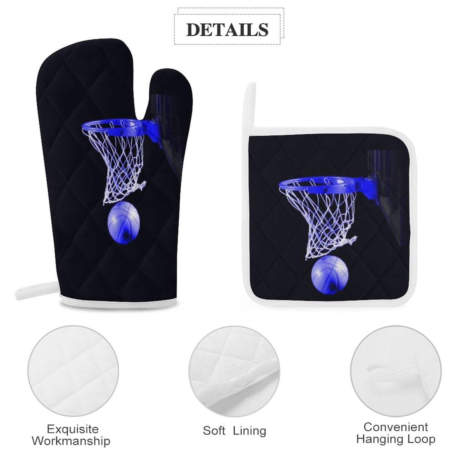 4Pcs Oven Mitts and Pot Holders Set, Blue Basketball Oven Mitts Gloves Set Heat Resistant Hot Pads for Kitchen Cooking Grill