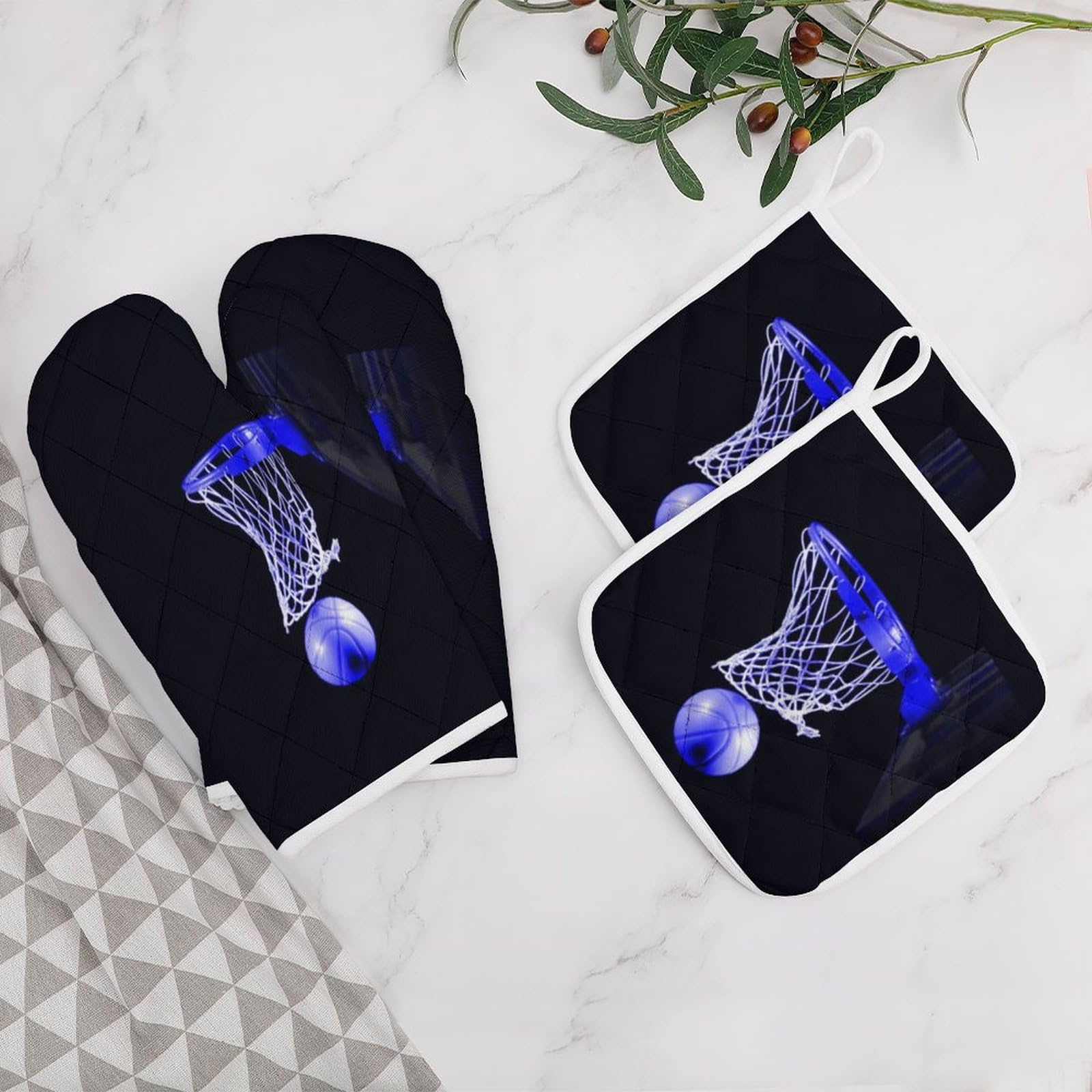 4Pcs Oven Mitts and Pot Holders Set, Blue Basketball Oven Mitts Gloves Set Heat Resistant Hot Pads for Kitchen Cooking Grill