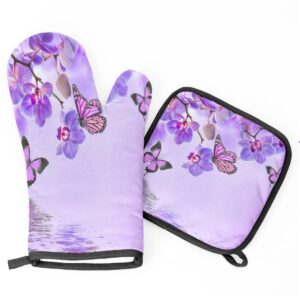 Tropical Flower Butterfly Animal Oven Mitts and Pot Holders Mat Set,Orchid Floral Insulation Heat Resistant Thick Kitchen Cooking Gloves and Pot Pad for Cookware Baking BBQ Grilling Microwave