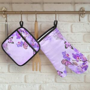 Tropical Flower Butterfly Animal Oven Mitts and Pot Holders Mat Set,Orchid Floral Insulation Heat Resistant Thick Kitchen Cooking Gloves and Pot Pad for Cookware Baking BBQ Grilling Microwave