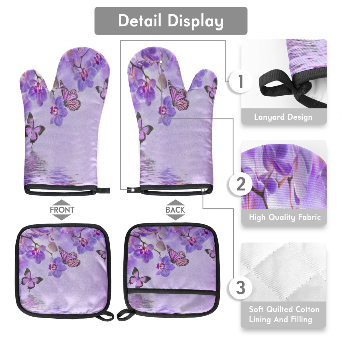 Tropical Flower Butterfly Animal Oven Mitts and Pot Holders Mat Set,Orchid Floral Insulation Heat Resistant Thick Kitchen Cooking Gloves and Pot Pad for Cookware Baking BBQ Grilling Microwave