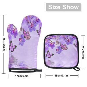 Tropical Flower Butterfly Animal Oven Mitts and Pot Holders Mat Set,Orchid Floral Insulation Heat Resistant Thick Kitchen Cooking Gloves and Pot Pad for Cookware Baking BBQ Grilling Microwave