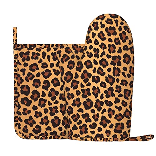 Leopard Pattern Silicone Oven Mitts Pot Holder Sets 2pcs Cute Design Washable Non Slip Kitchen Heat Resistant Mat Women's Cooking Gloves for Baking and BBQ Wear
