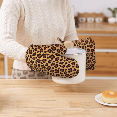 Leopard Pattern Silicone Oven Mitts Pot Holder Sets 2pcs Cute Design Washable Non Slip Kitchen Heat Resistant Mat Women's Cooking Gloves for Baking and BBQ Wear