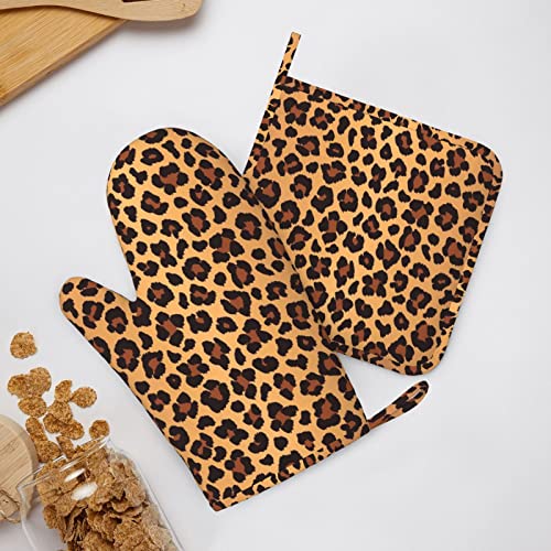 Leopard Pattern Silicone Oven Mitts Pot Holder Sets 2pcs Cute Design Washable Non Slip Kitchen Heat Resistant Mat Women's Cooking Gloves for Baking and BBQ Wear