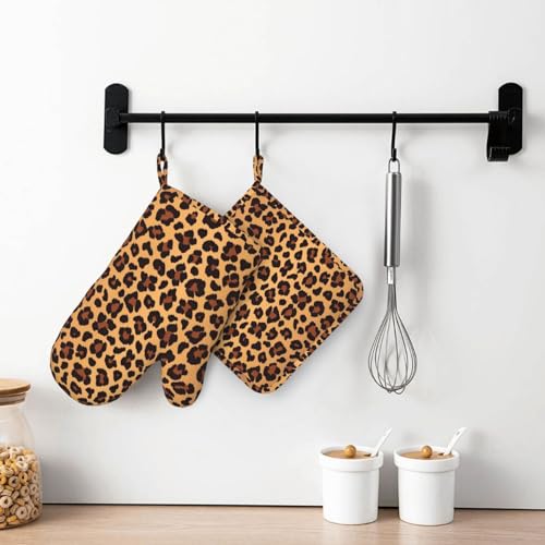 Leopard Pattern Silicone Oven Mitts Pot Holder Sets 2pcs Cute Design Washable Non Slip Kitchen Heat Resistant Mat Women's Cooking Gloves for Baking and BBQ Wear