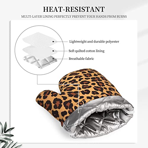 Leopard Pattern Silicone Oven Mitts Pot Holder Sets 2pcs Cute Design Washable Non Slip Kitchen Heat Resistant Mat Women's Cooking Gloves for Baking and BBQ Wear