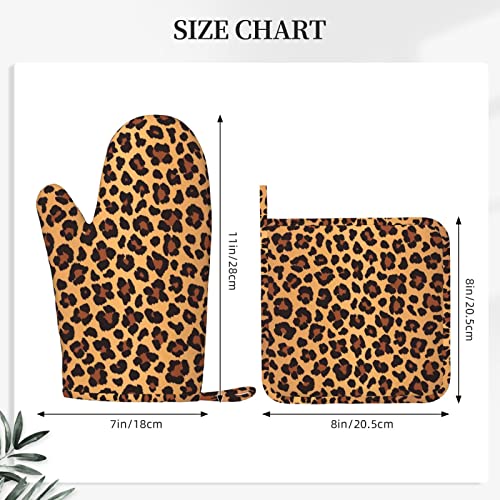 Leopard Pattern Silicone Oven Mitts Pot Holder Sets 2pcs Cute Design Washable Non Slip Kitchen Heat Resistant Mat Women's Cooking Gloves for Baking and BBQ Wear